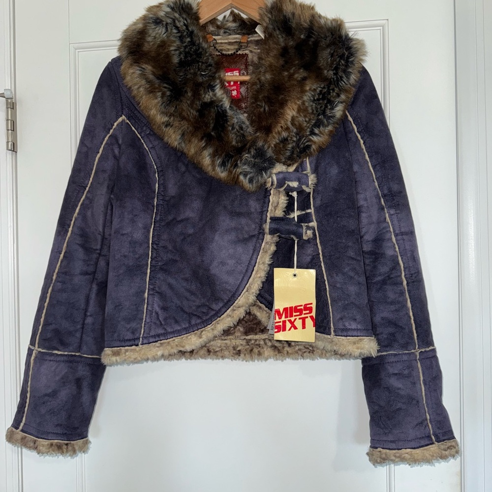 NWT Miss Sixty Purple Sherpa Faux Suede and Fur Collar Coat Size M - Picture 2 of 6
